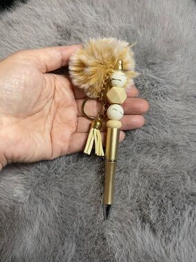 Gold Pom Pom Beaded Keychain Pen with Tassel